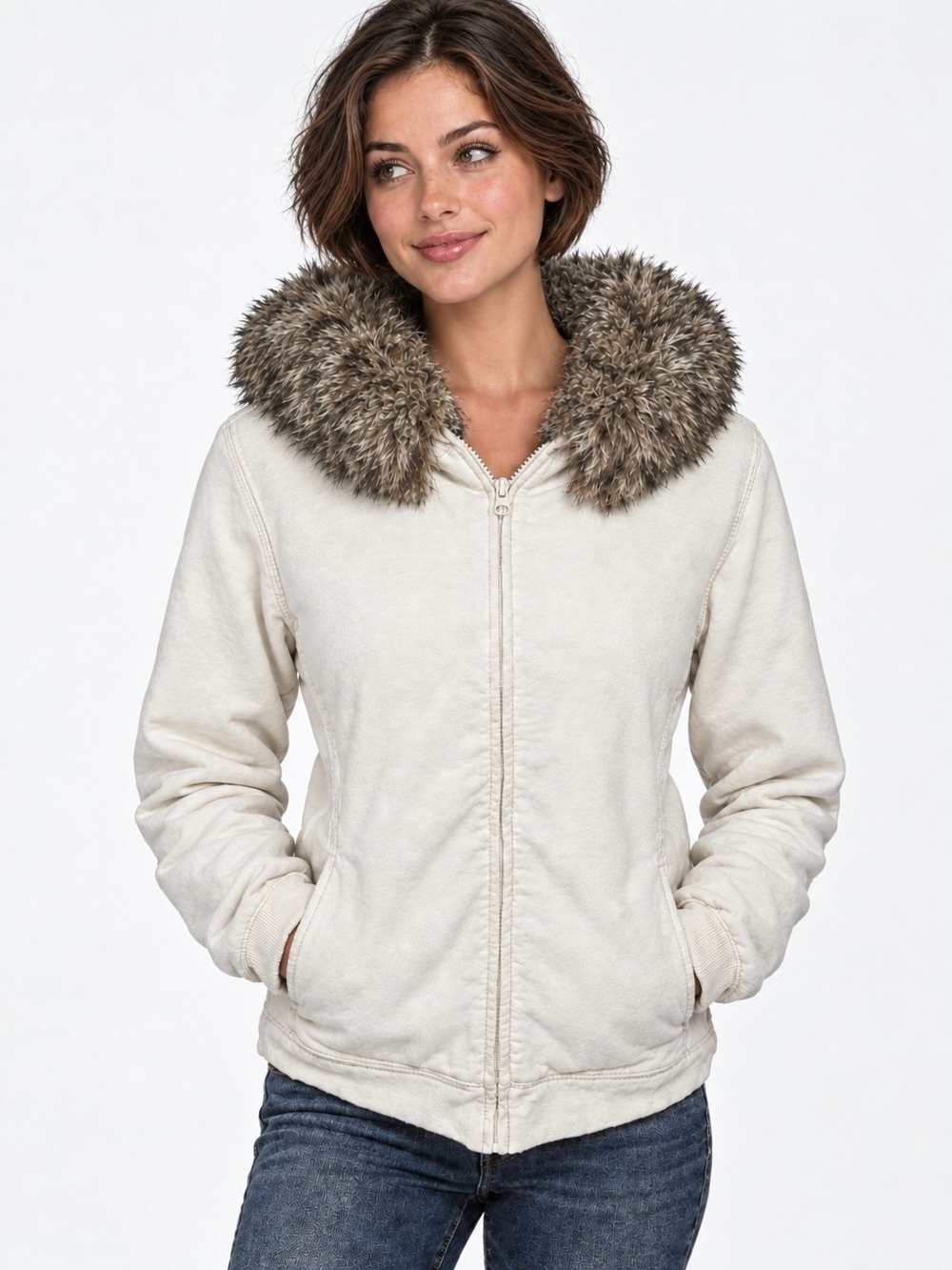 L.L.Bean Women's Cream Zip-Up Fleece Lined Hoodie Jacket with Faux Fur Trim S